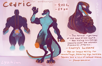 anthro balls big_balls big_penis biped black_balls black_body black_penis blind_eye blue_body brown_body claws digitigrade facial_scar finger_claws foreskin genitals glans huge_balls huge_penis male male_anthro multicolored_body muscular muscular_anthro muscular_male nude_anthro nude_male orange_glans penis purple_eyes retracted_foreskin scar small_waist solo standing toe_claws vein veiny_penis lyahim scalie 2026 digital_media_(artwork) model_sheet