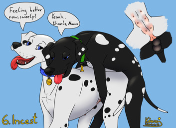 balls black_body black_fur black_nose blue_eyes breath canine_vulva close-up collar doggystyle duo female feral from_behind_position fur genitals knotting male male/female markings multi_nipple nipples panting penetration penile penile_penetration sex spots spotted_body spotted_fur teats text tongue vaginal white_body white_fur kinaj kinktober_2024 ben_(kinaj) tania_(kinaj) bird_dog canid canine canis dalmatian domestic_dog hunting_dog labrador mammal mixed_breed retriever 2024 english_text hi_res incest_(lore) mother_(lore) parent_(lore) son_(lore)