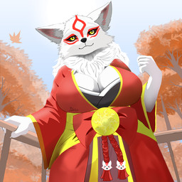anthro anthrofied big_breasts black_sclera breasts cleavage clothed clothing day detailed_background female fur light looking_at_viewer looking_down looking_down_at_viewer low-angle_view markings outside plant red_markings ribbons smile solo sun sunlight text tree white_body white_fur yellow_eyes direlaxion capcom clover_studio mythology okami_(capcom) amaterasu_(okami) canid canine canis deity mammal wolf 1:1 2023 digital_drawing_(artwork) digital_media_(artwork) hi_res portrait shaded signature watermark