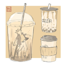 anthro beverage bottomwear bubble_tea clothing coffee collared_shirt container cup dress_shirt eyes_closed footwear fur male multicolored_body multicolored_fur pants shirt shoes snout solo swimming topwear two_tone_body two_tone_fur whisker_spots w0lfi unnamed_character canid canine canis mammal wolf colored_sketch sketch watermark