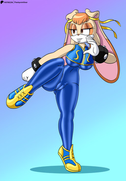 anthro big_breasts blue_clothing breasts brown_eyes brown_nose camel_toe clothed clothing cosplay countershading eye_markings female fur gloves grin hair handwear markings multicolored_ears narrowed_eyes orange_hair pink_inner_ear pupils raised_leg small_waist smile tan_body tan_fur two_tone_ears white_body white_clothing white_countershading white_fur white_gloves white_handwear flashpointgear capcom sega sonic_the_hedgehog_(series) street_fighter chun-li vanilla_the_rabbit lagomorph leporid mammal rabbit absurd_res hi_res