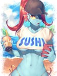 baseball_cap beach beverage big_breasts bikini bikini_bottom black_clothing black_hat black_headwear blue_body blue_skin breasts bubble_tea cellphone clothed clothing crop_top electronics female fin hat headgear headwear navel phone seaside shirt solo swimwear topwear two-piece_swimsuit under_boob yellow_sclera pugthe2ro undertale undertale_(series) undyne animal_humanoid fish fish_humanoid humanoid marine marine_humanoid 3:4 hi_res