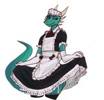 ambiguous_gender armwear bottomwear bow_tie clothed clothing clothing_lift elbow_gloves exposed_thighs garter_belt_legwear gloves handwear horn leg_warmers legwear looking_aside maid_headdress maid_uniform overbite_fang raised_tail simple_background skirt skirt_lift tail uniform banoncat kobold scalie 2021 hi_res