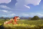 bag blonde_hair clothing cloud cowboy_hat female field flower freckles grass green_eyes hair hat headgear headwear mountain outside plant running sky solo ajvl friendship_is_magic hasbro my_little_pony applejack_(mlp) earth_pony equid equine horse mammal pony 2014 hi_res