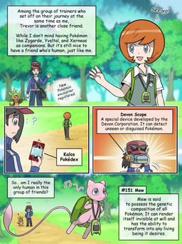 backpack biped brown_body clothing dialogue disguise disguised ellipsis floating grass group hat headgear headwear male outside pink_body plant pokedex question_mark text tree vavacung nintendo pokemon calem_(pokemon) trevor_(pokemon) chespin generation_1_pokemon generation_6_pokemon human legendary_pokemon mammal mew_(pokemon) pokemon_(species) comic comic_sans english_text hi_res