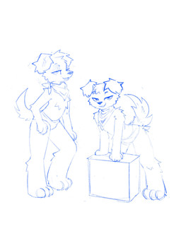 ambiguous_gender anthro biped blue_line_art box cheek_tuft confident container duo facial_tuft feet fluffy fluffy_tail front_view full_body_view grin hair half-closed_eyes head_tuft kerchief leaning_on_object looking_aside looking_at_viewer narrowed_eyes neckerchief neckwear paws raised_tail scarf side_view simple_background smile smirk standing tail toes tuft white_background melody_maku canid canine mammal 3:4 colored_line_art digital_media_(artwork) hi_res line_art monochrome sketch sketch_page