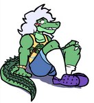 anthro blush clothing footwear hair male messy_hair shirt socks solo topwear apolonoise shiningnoise crocs larry_(apolonoise) crocodile crocodilian reptile scalie