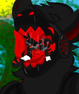 anthro arm_markings back_markings black_body black_fur blue_background bodily_fluids duo ear_markings fur glowing glowing_face glowing_symbol grass imminent_vore leaf leg_markings long_tongue machine male male/male markings mouth_shot open_mouth outside plant protogen_armor protogen_face protogen_visor protogen_visor_maw red_ears red_eyes red_face red_markings red_symbol red_tongue saliva saliva_in_hair saliva_on_arm saliva_on_back saliva_on_head saliva_on_tail saliva_on_tongue simple_background sun tail tail_markings tongue tree vore protoshark vore_day vore_day_2024 gabogen_(gavinator96) protogen 2024 absurd_res digital_drawing_(artwork) digital_media_(artwork) hi_res shaded