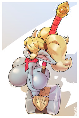 between_butts big_breasts big_butt blonde_hair blue_body breasts butt eyelashes fangs feet female glistening glistening_breasts glistening_butt hair hammer huge_breasts humanoid_pointy_ears mostly_nude pink_eyes pointy_ears scarf scarf_only shortstack side_boob solo teeth tools twintails_(hairstyle) borvar league_of_legends riot_games tencent poppy_(lol) humanoid mammal yordle 2026 absurd_res hi_res