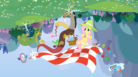 antlers apple blue_body blue_eyes blue_fur cake clothing cloud cutie_mark cutlery dessert detailed_background feathered_wings feathers female feral flower food forest fork fruit fur group hair hat headgear headwear horn kitchen_utensils long_hair male muffin multicolored_hair open_mouth outside picnic_blanket pink_hair plant rainbow_hair red_eyes sandwich_(food) smile teapot tongue tools tree upside_down wings yellow_body yellow_feathers yellow_fur zimvader42 friendship_is_magic hasbro my_little_pony mythology angel_(mlp) discord_(mlp) fluttershy_(mlp) rainbow_dash_(mlp) chimera draconequus equid equine lagomorph leporid mammal mythological_creature mythological_equine pegasus rabbit absurd_res hi_res