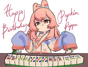 birthday bow_ribbon bra card chess_piece clothing female hair looking_at_viewer mahjong mahjong_tile multicolored_clothing pink_bra pink_clothing pink_hair pink_underwear playing_card red_eyes shadow_on_face smug solo text underwear centurii-chan_(artist) pipkin_pippa animal_humanoid humanoid lagomorph lagomorph_humanoid leporid_humanoid mammal mammal_humanoid rabbit_humanoid absurd_res digital_drawing_(artwork) digital_media_(artwork) english_text hi_res