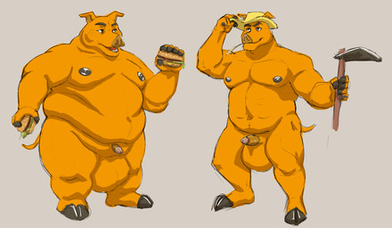 anthro balls big_balls big_balls_small_penis clothing disproportionate_genitalia duo fast_food food genitals hat headgear headwear hooves huge_balls hyper hyper_balls hyper_genitalia male musclegut muscular overweight overweight_male penis small_penis weight_gain douglas_kim monica's_gang chauvy_(monica's_gang) porkchop_(monica's_gang) domestic_pig mammal suid suine sus_(pig) hi_res