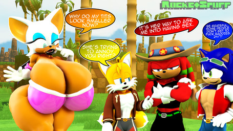annoyed anthro armwear big_breasts big_butt breast_overflow breasts butt clothing cowboy_hat crossed_arms elbow_gloves eyebrows female gloves green_hill_zone group half-closed_eyes hand_on_shoulder handwear hat headgear headwear huge_breasts huge_butt lips male muscular muscular_male narrowed_eyes playing_dumb raised_eyebrow smile speech_bubble text thick_lips thick_thighs rocketspuff kabalmystic_(modeler) sega sonic_the_hedgehog_(series) knuckles_the_echidna miles_prower rouge_the_bat sonic_the_hedgehog bat canid canine echidna eulipotyphlan fox hedgehog mammal monotreme red_fox true_fox 16:9 3d_(artwork) 4k absurd_res digital_media_(artwork) english_text hi_res widescreen