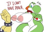 anthro areola big_breasts biped boob_leash breasts dialogue eyelashes female green_body huge_breasts linked_nipples multicolored_body navel nipple_fetish nipple_piercing nipple_play nipple_pull nipples nude piercing pupils text thick_thighs two_tone_body white_body seiiartworks mario_bros nintendo bowser scalie yoshi 2024 absurd_res hi_res