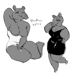 4_fingers anthro bedroom_eyes bent_leg big_breasts black_clothing black_dress black_eyebrows black_eyes black_text breasts cleavage closed_smile clothed clothing curved_eyebrows curvy_figure dress eyebrows eyelashes featureless_breasts female fingers grey_body grey_breasts grey_ears half-closed_eyes hand_behind_head hand_on_hip hand_on_leg hand_on_own_hip hand_on_own_leg hand_on_own_thigh hand_on_thigh humanoid_hands iris legs_together light_body long_eyelashes looking_at_viewer looking_forward monotone_background monotone_breasts mouth_closed multicolored_body multiple_poses narrowed_eyes no_pupils on_one_leg plantigrade pose seductive simple_background sitting smile smiling_at_viewer solo standing text thick_thighs thin_eyebrows three-quarter_view two_tone_body white_background white_body white_sclera sori0414 mammal tapir 2025 colored_sketch digital_drawing_(artwork) digital_media_(artwork) hi_res japanese_text monochrome sketch translated