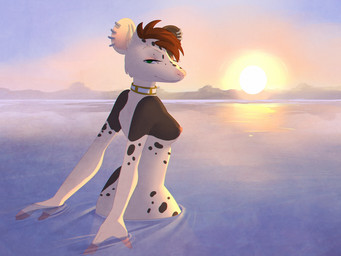 anthro breasts ear_piercing female hair half-closed_eyes looking_at_viewer narrowed_eyes nipples nude outside partially_submerged piercing red_hair side_boob solo sun sunset water kamosik mammal murid murine rat rodent 4:3