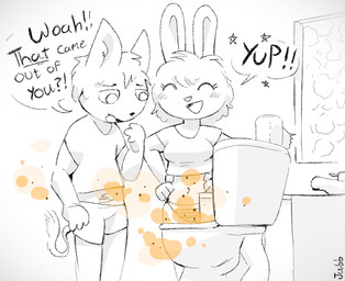 anthro bathroom blush blush_lines clogged_toilet clothed clothing crop_top dialogue duo enjoying_feces enjoying_the_go enjoying_view feces feces_in_toilet feces_in_toilet_bowl feces_pile female hair hands_on_hips implied_scat implied_toilet_use impressed looking_down male male/female navel panties panties_only proud shirt sink smelly smile speech_bubble standing star stink_cloud stink_fumes tail toilet toilet_bowl toilet_paper toilet_seat toilet_use topless topwear underwear underwear_only jubb felid feline lagomorph leporid mammal rabbit monochrome sketch