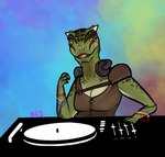 abstract_background anthro clothed clothing countershading disc_jockey electronics female green_body headphones headphones_around_neck horn humor open_mouth solo turntable_(decks) ncs bethesda_game_studios microsoft skyrim the_elder_scrolls deeja argonian scalie 2020 hi_res signature