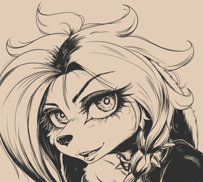 anthro black_nose braces collar eyebrows eyelashes female fur hair looking_at_viewer simple_background solo spiked_collar spikes alcorart conditional_dnp phoebe_(alcorart) bird_dog canid canine canis domestic_dog hunting_dog mammal spaniel 2025 absurd_res hi_res monochrome