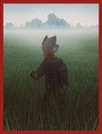 anthro backpack border clothing countershading fog fur grass male orange_body orange_fur plant red_bandana red_border shirt solo topwear tree lundi canid canine fox mammal 2014 digital_media_(artwork) hi_res