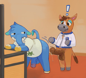 animal_genitalia animal_penis anthro bent_over blue_body blue_eyelids blue_nose blue_penis blue_skin bodily_fluids bottomless brown_hair brown_tail butt clothed clothing dipstick_tail duo equine_genitalia equine_penis erection foreskin furniture genital_fluids genitals green_tail_tip hair humanoid_genitalia humanoid_penis jacket long_nose looking_back male markings penis phroboscidean precum presenting presenting_hindquarters proboscis_(anatomy) shirt shirt_only short_hair simple_background smile standing tail tail_markings teeth throbbing throbbing_penis topwear topwear_only white_clothing white_jacket white_topwear wiggle_lines cocofish animal_crossing nintendo axel_(animal_crossing) elephant elephantid equid equine horse mammal proboscidean hi_res