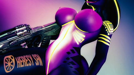 anthro bullpup female glowing glowing_markings glowing_nipples gradient_background gun markings nipples nude purple_body purple_scales ranged_weapon rifle scales simple_background smile solo weapon heresy_sfm annoad_(modeler) qhala cobra reptile scalie snake 16:9 3d_(artwork) digital_media_(artwork) distracting_watermark watermark widescreen