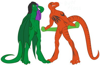 animal_genitalia anthro balls dreadlocks duo genital_slit genitals looking_at_viewer male male/male membrane_(anatomy) membranous_wings nude simple_background smile tattoo teeth towel wings x231 modo_tu_(character) rain-grid_(character) reptile scalie digital_media_(artwork)