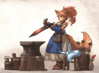 4_toes anthro anvil apron armwear blacksmith blacksmith_apron blacksmith_hammer blue_apron blue_clothing brown_body brown_fur bucket clothing container detached_sleeves feet female fluffy fluffy_tail fur green_eyes hair hammer inner_ear_fluff melee_weapon multicolored_body multicolored_fur ponytail solo sword tail toes tools tuft two_tone_body two_tone_fur weapon wooden_bucket ironlily asterigos:_curse_of_the_stars mythology vulcane_(asterigos) canid canine fox mammal 2023 hi_res