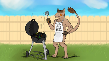 anthro apron apron_only barbecue clothing funny_face humor looking_at_viewer male outside solo spatula tail tail_tuft tools tuft ozan_(artist) the_nature_of_predators venlil_(the_nature_of_predators) hi_res