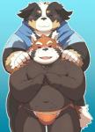 anthro belly blue_background blush clothing cute_fangs duo eyes_closed fangs hoodie humanoid_hands male moobs navel overweight overweight_male simple_background teeth topwear underwear ayame42612 ailurid canid canine canis domestic_dog mammal red_panda 2019