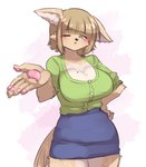 anthro bangs big_breasts biped blunt_bangs blush bottomwear breasts brown_body brown_fur brown_hair cleavage clothed clothing crossgender female fur green_clothing green_shirt green_topwear grey_eyes hair hand_on_hip hand_on_own_hip markings mole_(marking) mole_on_breast mtf_crossgender one_eye_closed open_mouth pawpads pencil_skirt shirt short_sleeves simple_background skirt solo tail topwear yazawaowl tsukareta-inu_no_anime tsukareta-inu_(tsukareta-inu_no_anime) canid canine canis domestic_dog mammal hi_res