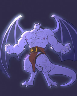 anthro arms_wide_open biceps black_background black_hair bottomwear clothing flexing hair loincloth long_hair looking_at_viewer male membrane_(anatomy) membranous_wings muscular muscular_anthro muscular_male nipples pecs purple_body simple_background white_background wings rickleone disney gargoyles goliath_(gargoyles) gargoyle 4:5 hi_res