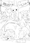 anthro blush bodily_fluids cum genital_fluids group kemono lying male male/male overweight overweight_male text konbu kachi-kachi_yama canid canine lagomorph leporid mammal rabbit raccoon_dog tanuki 2023 japanese_text monochrome sketch