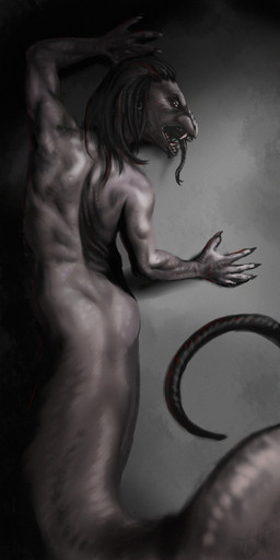 ambiguous_gender anthro apode black_claws black_hair black_tongue claws fangs finger_claws forked_tongue grey_body hair legless narrowed_eyes nude open_mouth rear_view serpentine simple_background solo split_form teeth tongue tongue_out himeragoldtail draconcopode hybrid lamia reptile scalie snake 1:2 2017 hi_res restricted_palette