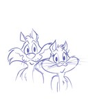 big_nose duo eyebrows eyelashes female half-closed_eyes male narrowed_eyes small_nose smile tuft whiskers smolcilla looney_tunes warner_brothers penelope_pussycat sylvester_(looney_tunes) domestic_cat felid feline felis mammal 2021 digital_media_(artwork) hi_res monochrome purple_and_white signature sketch