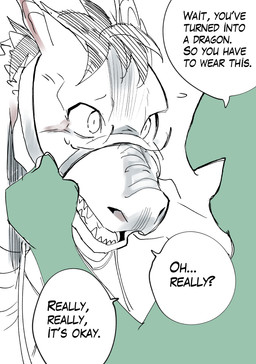 ambiguous_gender bridle dialogue duo feral hair horn male sharp_teeth simple_background snout speech_bubble teeth text nojo mythology anon dragon human mammal mythological_creature mythological_scalie scalie english_text