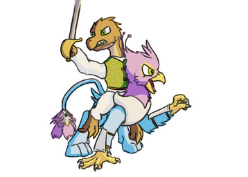 anthro armor avian_feet beak blue_body duo feathered_wings feathers feral green_eyes male melee_weapon open_mouth paws pink_body quadruped riding sword tail tail_tuft tuft weapon wings doesnotexist gyrotech mythology gyro_feather avian bird galliform gryphon kobold mythological_avian mythological_creature peafowl phasianid scalie absurd_res digital_media_(artwork) hi_res