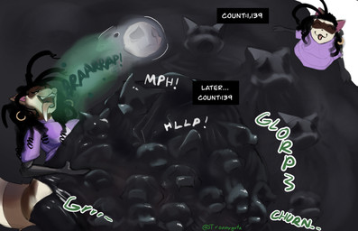 3_toes abdominal_bulge after_vore anthro anthro_pred arms_bent armwear belly bent_legs black_body black_clothing black_fur black_hair bloated bodily_fluids bodily_noises bone bones_in_stomach brown_body brown_fur burp_cloud burping burping_up_bones burping_up_object cheek_tuft clothing crossed_legs death digested digestion dreadlocks ears_up elbow_gloves facial_tuft fatal_vore feet female female_pred fluffy footwear fully_inside fur gloves green_text group hair half-closed_eyes handwear huge_thighs jewelry latex latex_clothing latex_skinsuit legs_together legwear light male male/female male_pred male_prey mass_vore mostly_nude mostly_nude_anthro mostly_nude_male motion_lines multicolored_body multicolored_fur multiple_prey narrowed_eyes onomatopoeia open_mouth organs overweight overweight_anthro pawpads paws purple_clothing saliva same_size_vore skinsuit skull skull_head socks soft_vore sound_effects stomach struggling struggling_prey sweater tail teeth text thick_thighs thigh_highs thigh_socks tight_clothing toes tongue tongue_out topwear tuft turtleneck twitter_handle unseen_prey vore white_body white_fur white_text troppygutz nooki_the_raccoon humanoid mammal procyonid raccoon 2025 absurd_res artist_name digital_media_(artwork) digital_painting_(artwork) english_description english_text hi_res lighting painting_(artwork) shaded soft_shading watermark