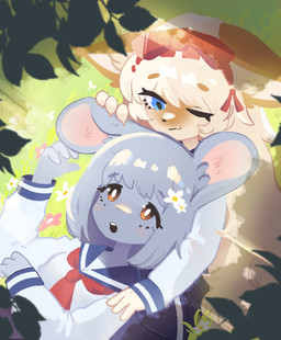 accessory anthro asian_clothing blush clothed clothed_anthro clothed_female clothing duo east_asian_clothing female female/female female_anthro fur hair hair_accessory japanese_clothing japanese_school_uniform school_uniform uniform young young_anthro young_female umihoshi_bb domestic_cat felid feline felis mammal mouse murid murine rodent 2025 digital_media_(artwork) hi_res