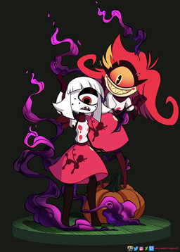 1_eye accessory black_background blush blush_stickers clothing cosplay duo fake_horns female floor food freckled_face freckles fruit gradient_sclera grin hair hair_accessory hairband horned_hairband open_mouth orange_sclera pie_cut_eyes plant poodle_skirt pumpkin purple_smoke red_body red_eyes red_hair red_skin sharp_teeth shirt simple_background smile smoke teeth thin_arms topwear unimpressed white_clothing white_hair white_shirt white_topwear wood wood_floor barryfactory hazbin_hotel hellaverse niffty_(hazbin_hotel) suzie_(barryfactory) cyclops demon humanoid 2020 absurd_res hi_res