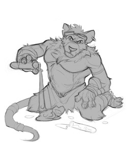 3_toes 4_fingers anthro athletic athletic_anthro athletic_male bandage bottomwear chest_tuft claws clothed clothing ear_piercing ear_ring eyewear eyewear_on_head feet finger_claws fingers focused goggles goggles_on_head kneeling loincloth long_tail male narrowed_eyes notched_ear pecs piercing rat_tail ring_piercing simple_background solo spilling tail toe_claws toes topless tuft vial white_background piganenuwu league_of_legends riot_games tencent twitch_(lol) mammal murid murine rat rodent monochrome