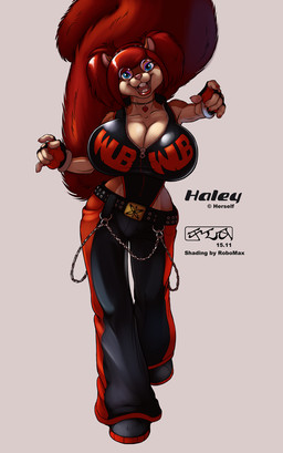 anthro big_breasts big_tail biped bottomwear breasts buckteeth clothed clothing eyewear feet female fluffy fluffy_tail fur glasses gloves hair handwear huge_breasts jewelry long_tail necklace pants paws red_hair red_tail simple_background smile solo tail teeth text topwear kencougr robomax haley_maruti mammal rodent sciurid tree_squirrel 2015 hi_res