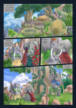 5_fingers ambiguous_gender anthro biped blue_sky clothed clothing cloud day female fingers flower grey_body group happy holding_object hug male narration open_mouth open_smile outside plant proboscis_(anatomy) sky smile text tree trio trunk_(anatomy) village young young_ambiguous bjekkergauken isilo_(bjekkergauken) maisha_(bjekkergauken) elephant elephantid mammal proboscidean 2026 colored comic english_text hi_res daughter_(lore) father_(lore) father_and_child_(lore) father_and_daughter_(lore) parent_(lore) parent_and_child_(lore) parent_and_daughter_(lore)