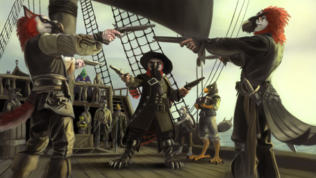 anthro beak claws clothing feathers group gun hat headgear headwear horn melee_weapon ranged_weapon red_body red_feathers ship standing sword tail tail_feathers trio vehicle watercraft weapon white_body white_feathers reku_illustration gavin_stien levante_(enlas) muriat accipitrid accipitriform avian bearded_vulture bird old_world_vulture scalie vulture 16:9 2025 hi_res widescreen