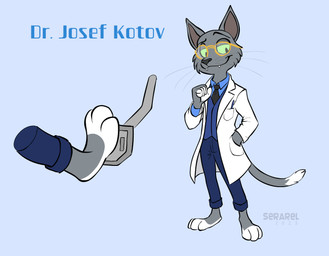 3_toes 5_fingers anthro barefoot black_eyes black_necktie black_nose blue_body blue_bottomwear blue_clothing blue_feet blue_fur blue_pants blue_shirt blue_sweater blue_sweater_vest blue_topwear blue_vest bottomwear closed_smile clothed clothed_anthro clothing coat countershade_feet countershading eyewear fangs feet fingers foot_shot fully_clothed fully_clothed_anthro fur glasses green_sclera grey_body grey_feet grey_fur hand_in_pocket humanoid_heel lab_coat looking_aside male mouth_closed necktie object_in_pocket orange_eyewear orange_glasses pants pedal_pumping pen plantigrade pockets rolled_up_pants shirt smile solo sweater sweater_vest teeth text toes topwear vest whiskers white_feet serareldeer dr._josef_kotov domestic_cat felid feline felis mammal russian_blue 2025 character_name dated english_text signature
