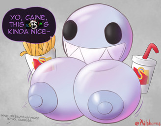 areola big_breasts black_eyes breasts caine_censorship censor_bar censored_text container cup ellipsis female food fries grawlixes grey_areola grey_nipples huge_breasts nipples not_furry smile solo speech_bubble text white_body philahorns glitch_productions the_amazing_digital_circus bubble_(tadc) animate_inanimate living_bubble english_text