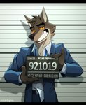 anthro black_bars bottomwear clothing holding_object holding_sign imperial_unit jail_placard male male_anthro measurements number numbered_tag pants placard police_lineup scene_interpretation sign solo station suit teeth unit redchetgreen dreamworks the_bad_guys mr._wolf_(the_bad_guys) canid canine canis mammal wolf 2021 absurd_res hi_res widescreen