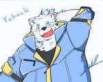 anthro belly big_belly blush clothed clothing kemono male one_eye_closed overweight overweight_male simple_background solo text white_body wink bear_2key lifewonders live_a_hero yohack canid canine canis domestic_dog mammal 2023 hi_res portrait