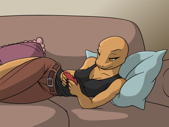 5_fingers anthro black_clothing black_topwear blush bottomwear brown_bottomwear brown_clothing cellphone claws clothing electronics female fingers furniture holding_object holding_phone inside looking_at_object looking_at_phone lying naughty_face on_side on_sofa orange_eyes phone pillow sofa solo texting topwear juco jenny_(slither) komodo_dragon lizard monitor_lizard reptile scalie 2013 4:3 animated animated_webp loop