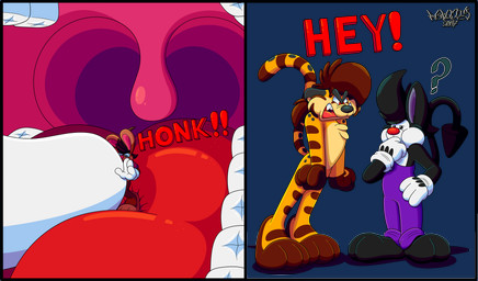 2_toes 3_toes 4_fingers anthro big_feet big_tongue big_uvula cartoon_gloves cheek_bulge clothing eyewear feet fingers glasses group in_mouth long_tongue male male/male overalls paws red_tongue shirt tail thick_tongue tiptoes toes tongue toony topwear trio uvula vore wearing_glasses wearing_gloves whiskers wide_tongue marquis2007 chase_(marquis2007) herman_(marquis2007) roderick_(tamerkoh) cheetah felid feline hybrid imp lagomorph leporid mammal pantherine rabbit tiger absurd_res alpha_channel hi_res